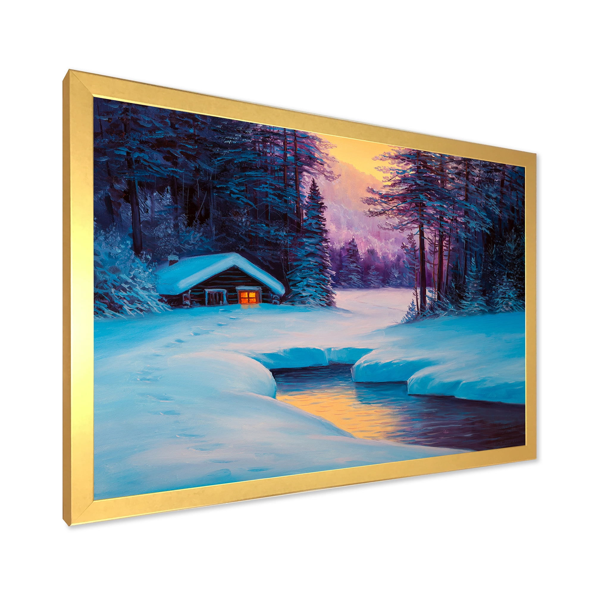 Designart 'Old Cabin In Winter Forest In Evening Glow II' Traditional Framed Art Print