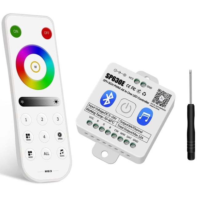 UCHARGE SP630E Bluetooth LED Controller Kit with RB3 RF Remote, 4 Zones App Control DC5V-24V for COB FCOB RGB RGBW Addressable LED Strip WS