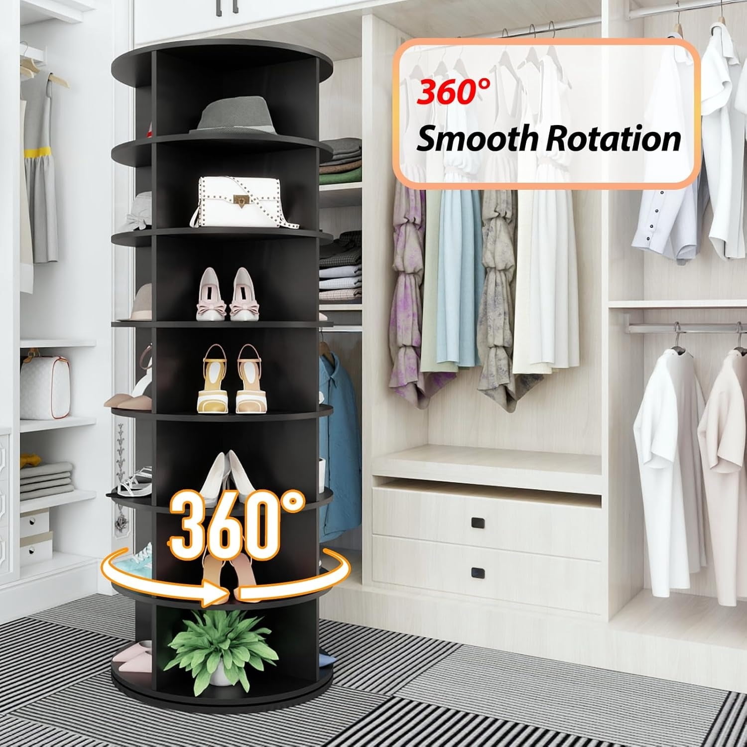 Freestanding 7 Tier Rotating Shoe Rack Tower Tall & Easy Assembly, Spinning Shoe Display Lazy Susan Space-Saving, Revolving 360 Shoe Rack Storage Round Carousel, Vertical Handbag Rotate Shoes Closet