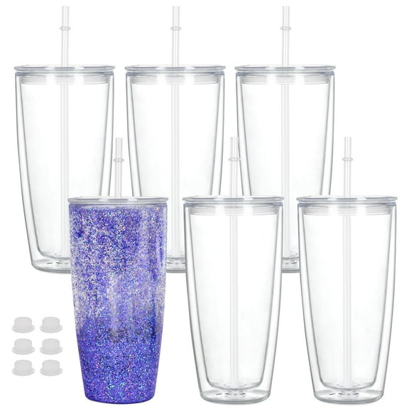 24oz Plastic Snow Globe Tumblers with Stopper, Double Wall Clear DIY Cups with Lids and Straws, 6 Pack, Reusable Drinkware for Crafts, Parties and Gifts