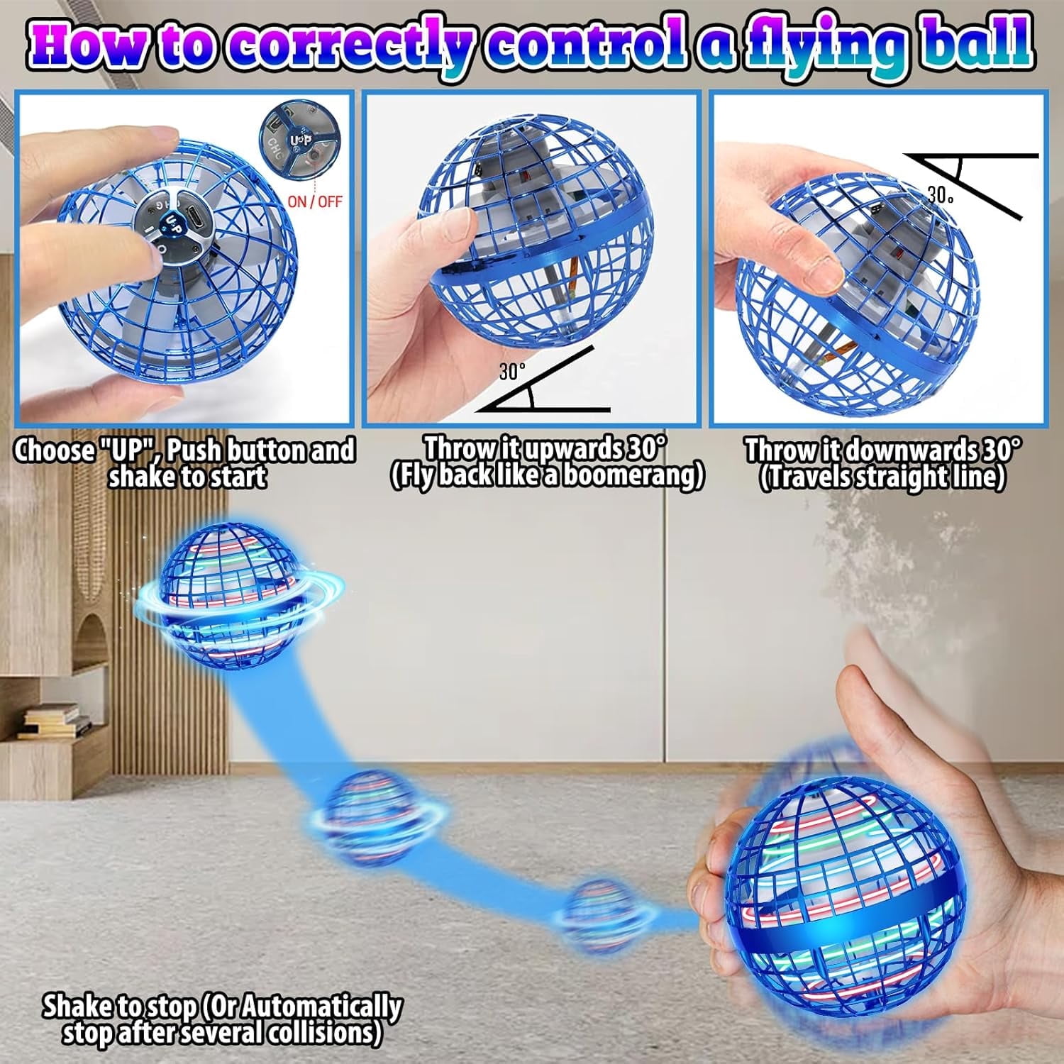 Flying Ball Toys, Hover Orb, Upgrade Flying Orb Mini Drone Floating Boomerang Ball 360°Rotating LED Light Fly Spinner Cool Toys Magic Toy Safe for Kids Teen Adults Indoor Outdoor