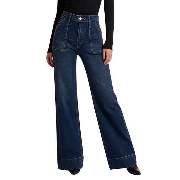QURATI High Waisted Wide Leg Denim Jeans with Patch Pockets Womens Bottoms Blue L