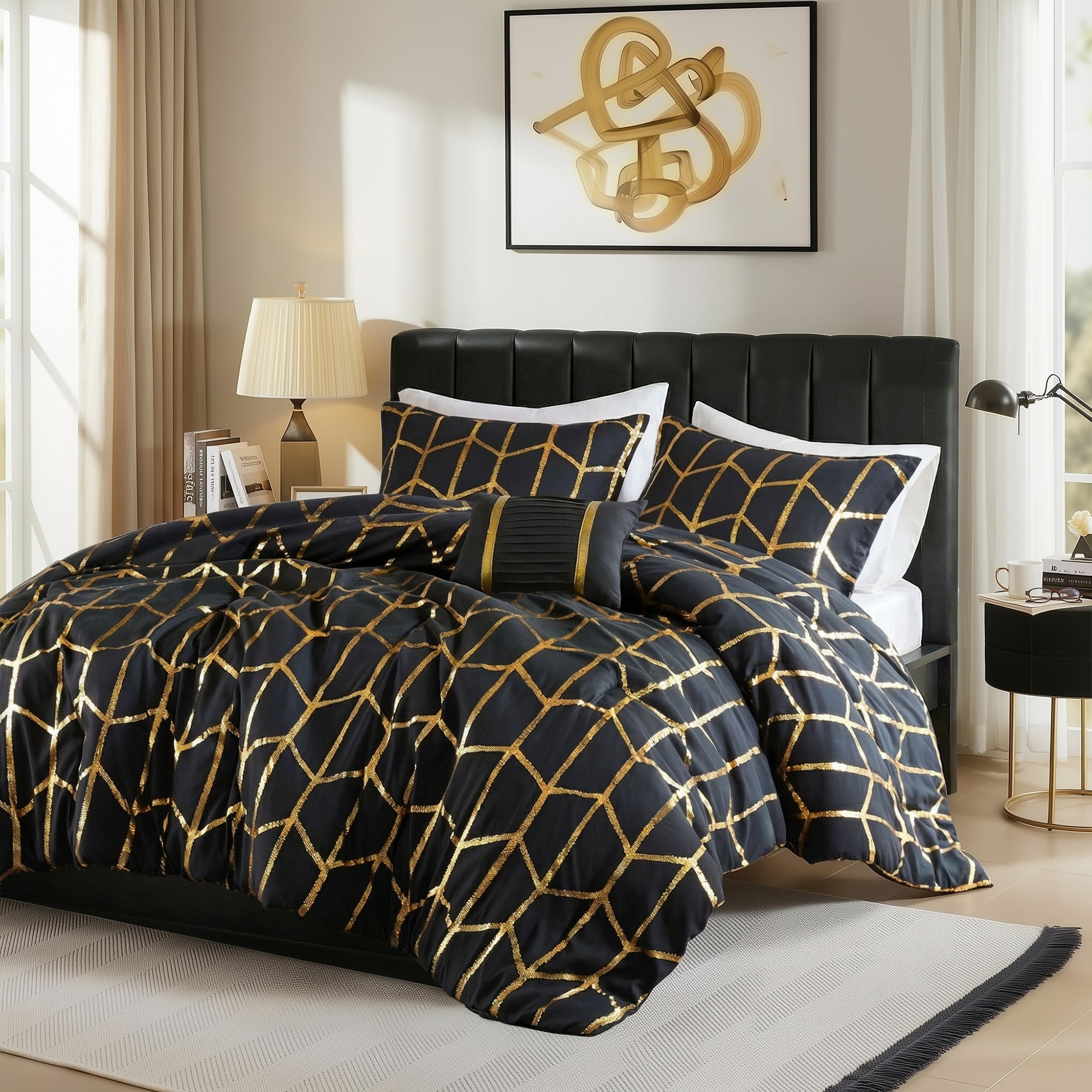 Regency Heights Twin/Twin XL Size Comforter Set, 3-Piece Bedding Set for All Seasons, Geometric Metallic Comforter Bed Set with Decor Pillows,Black/Gold