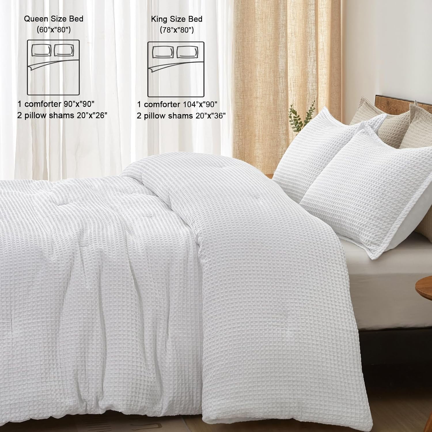PHF 3-Piece Waffle Weave Comforter Set Queen Size, Lightweight Comfy Bedding Set for All Season, Ultra Soft Textured 1 Comforter with 2 Pillow Shams, White