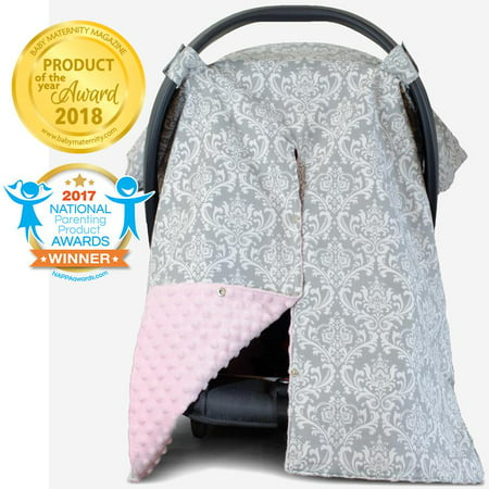 Kids N' Such 2 in 1 Car Seat Canopy Cover with Peekaboo Opening™ - Large Carseat Cover for Infant Carseats - Best for Baby Girls - Use as a Nursing Cover- Damask with Soft Pink Dot