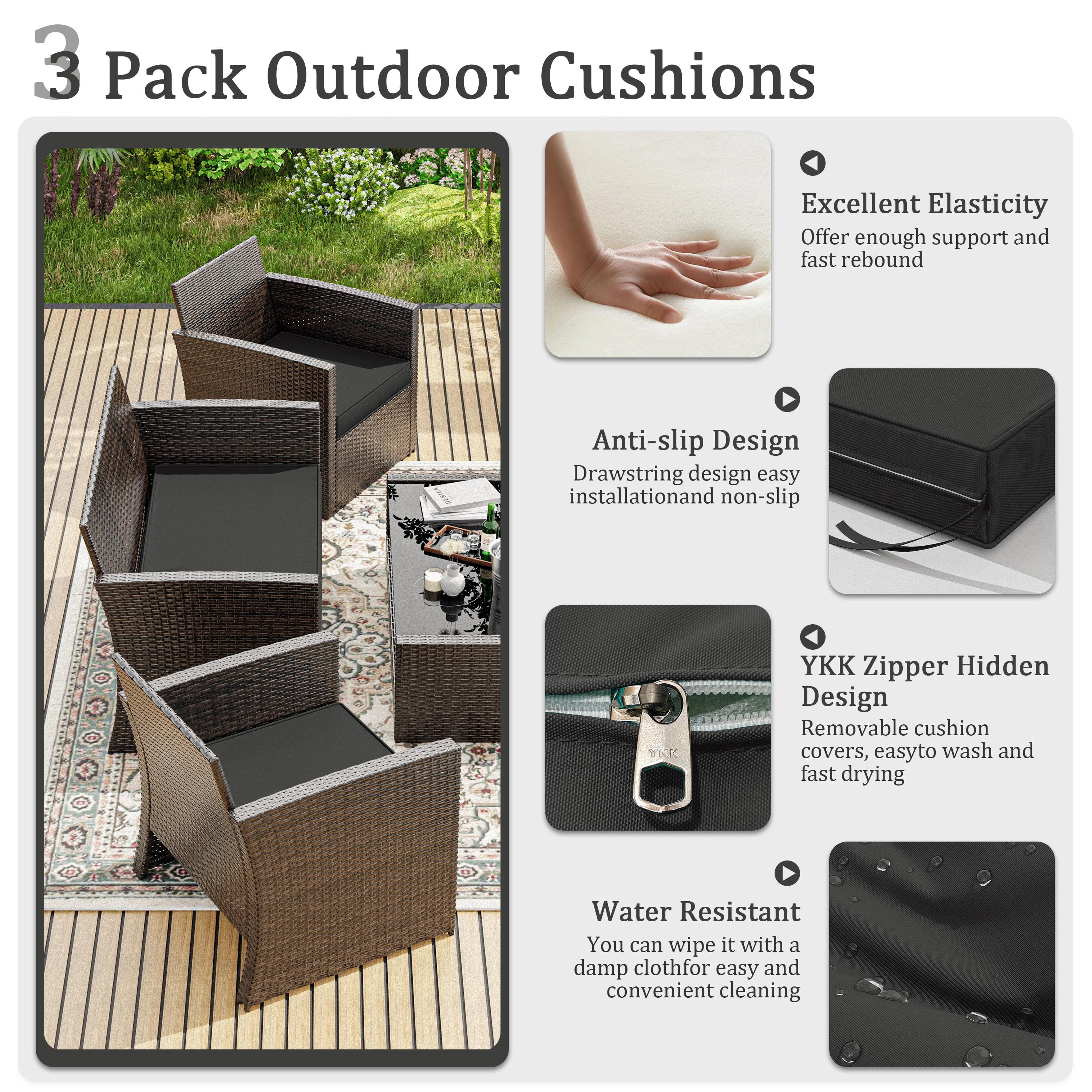 Snubbull 3 Pack Outdoor Replacement Cushions for 4-Seater Wicker Rattan Loveseat Sofa Chair Patio Furniture, 36 x 18 x 3,18 x 18 x 3, Black