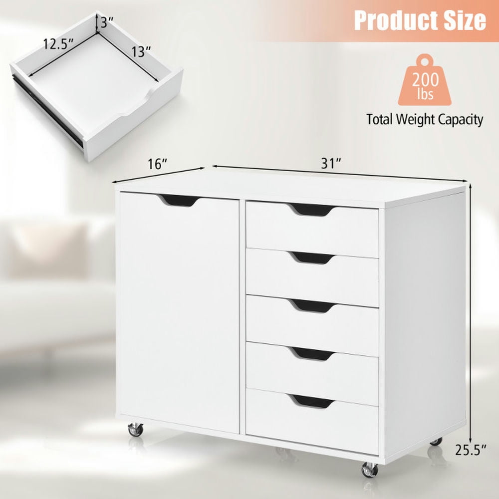 Demi Bonn 5-Drawer Mobile File Cabinet with 4 Universal Casters, Dresser Chest Storage Cabinet with Door, White