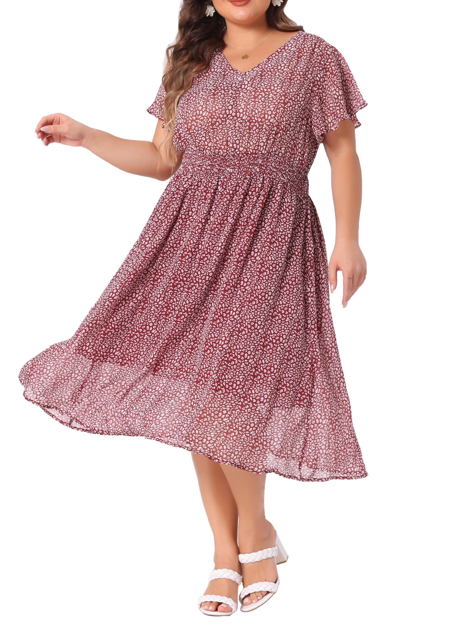 DARING DIVA Plus Size Ditsy Floral V Neck Smocked Waist Midi Dress 1X Burgundy