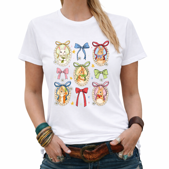 Easter Bunny Frames Bow Graphic Tees Womans Tshirt Shirts White/Black S-5XL Tops