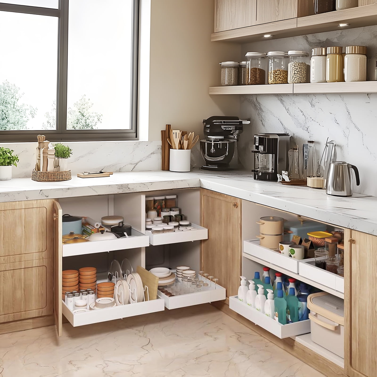 Expandable Pull-Out Cabinet Organizer with Adhesive Nano Film Fixed Slide out Drawers Under Sink Pull-Out Home Organizers Adjustable Length 12.5"-20.5" for Kitchen Cabinets(White)