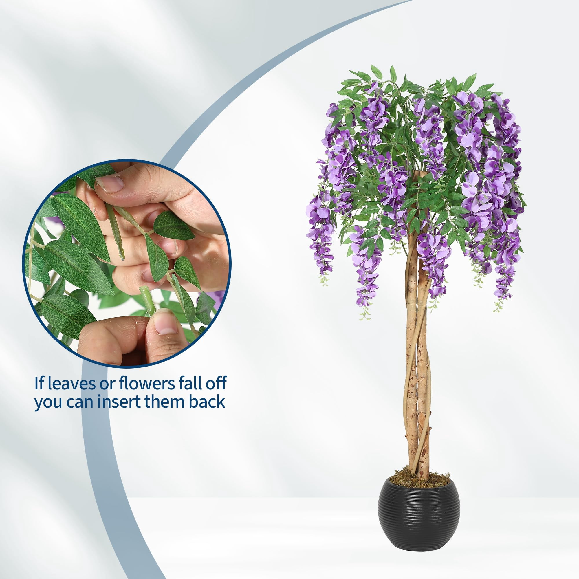 Huisuilinss Artificial Purple Blossom Tree,Artificial Purple Bean Flower Tree,Potted Faux Flower Tree,Silk Faux Plant Fake Tree With Double Trunk,Hanging Vine,Moss For Office Wedding Photo Backdrop
