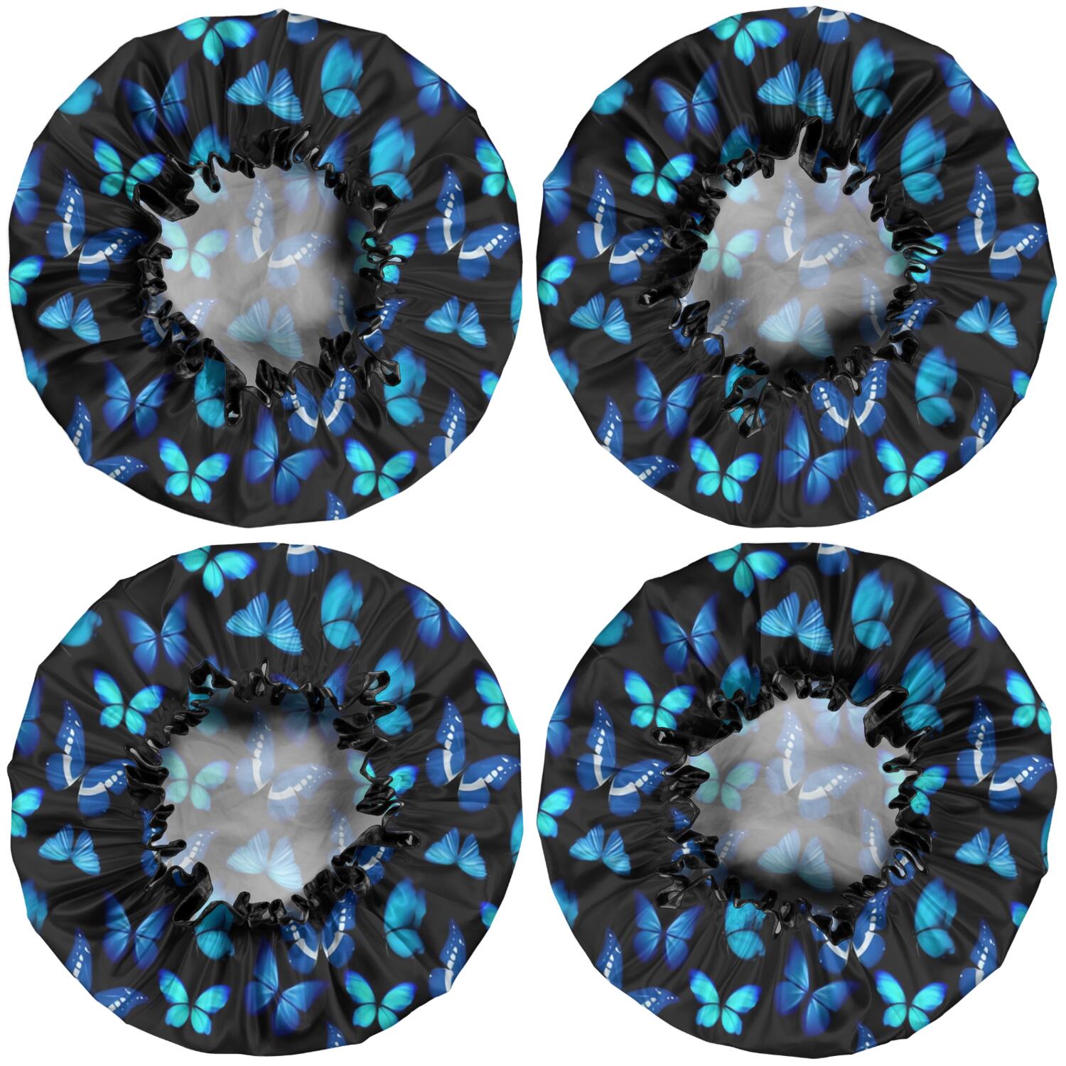 Shower Caps,Black Blue Butterfly Pattern Waterproof Shower Cap for Women 4 Pieces,Double Reusable Hair Cover for Shower PEVA Elastic Stretch Hem