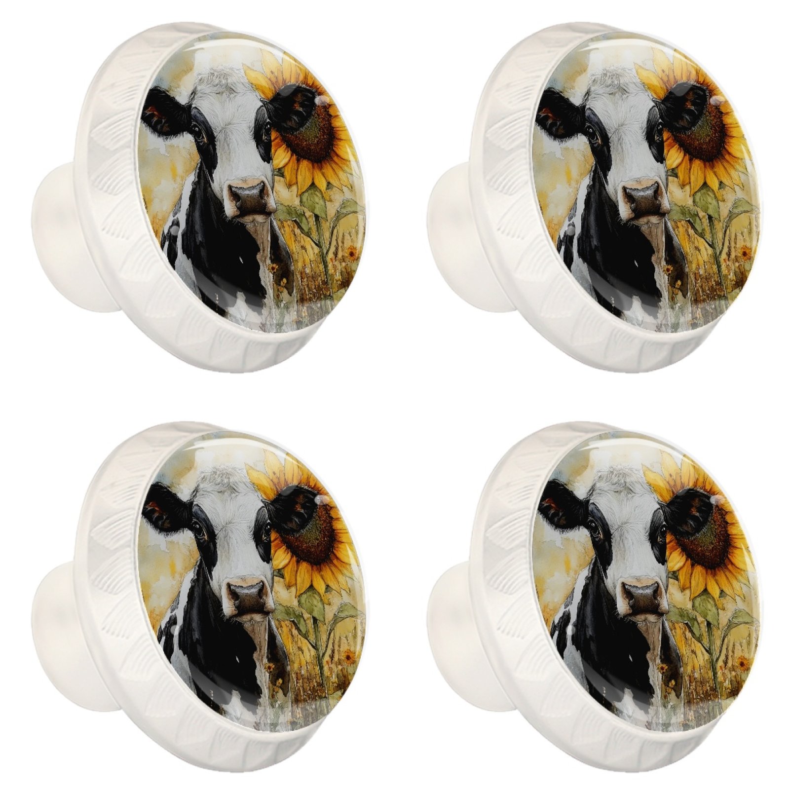 4 Pcs Cow and Sunflower Knobs for Kitchen Cabinet Cupboard Dresser Bookcase Drawer Pulls Handles Round Home Decor