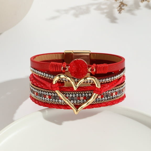 Namzi Multilayer Leather Wrap Bracelet Heart-Shape Wide Cuff Bracelets-Red