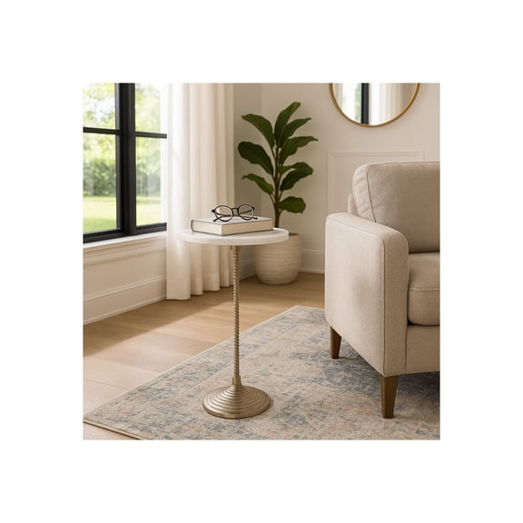 Contemporary End and Side Table with Marble Top for Home Decor - Small Table Stand for Bedside, Bedroom, or Drink Table - Living Room Decor Perfect for Small Spaces or Night Stand - 26", White & Gold