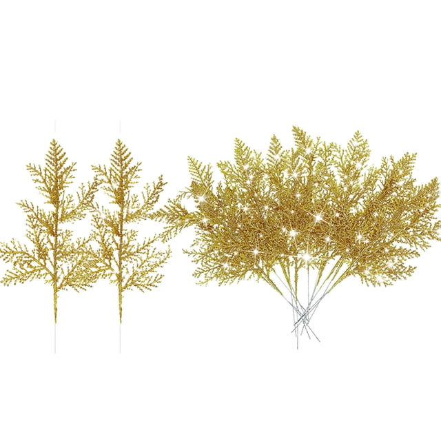 TopLLC Christmas Artificial Branches Pine Needles 20Pcs Sparkling Fake Branches with Glitter Powder Multi-purpose False Xmas Tree Leaves Packaging Christmas Gift DIY Crafts Christmas Decorations(Gold)