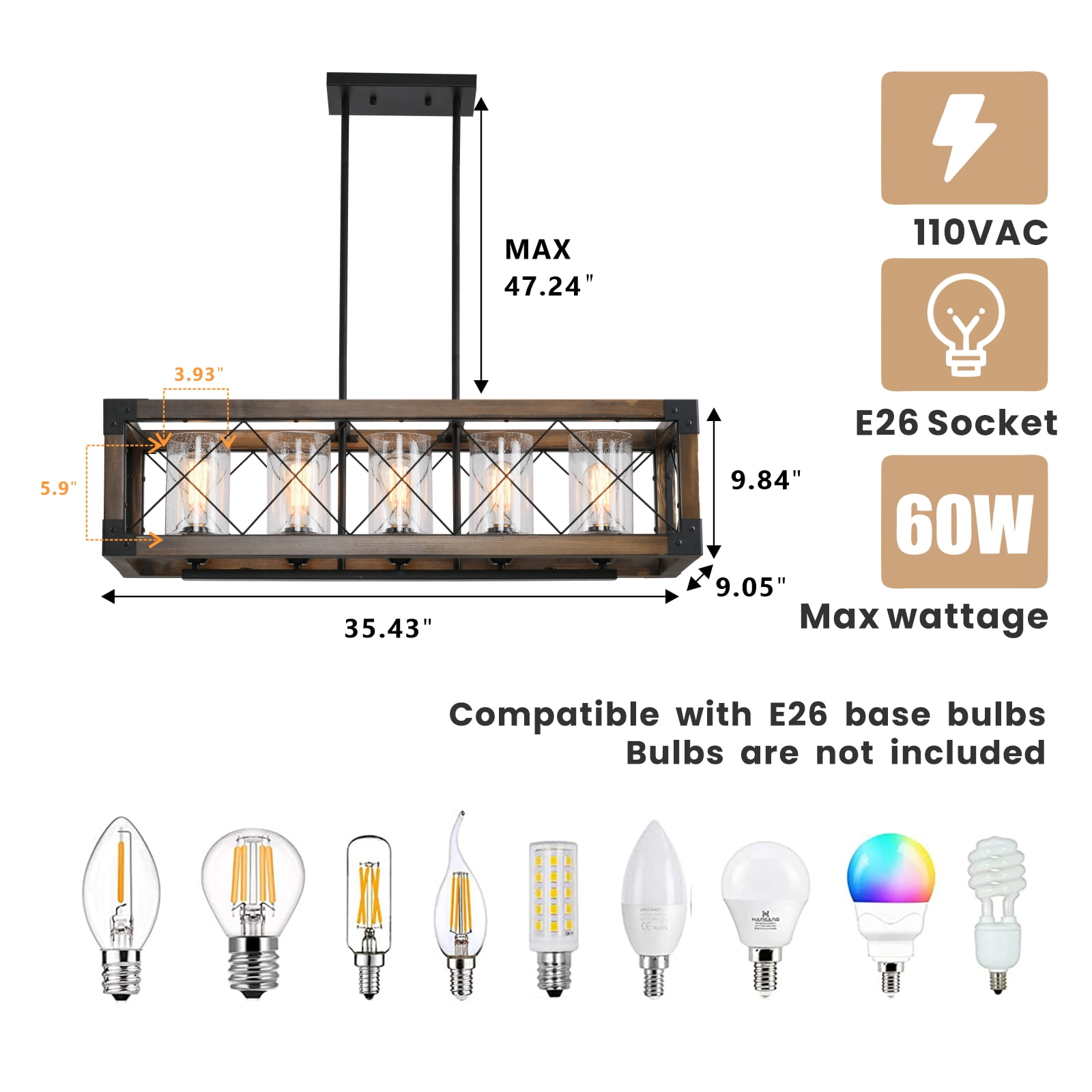 bokifol 5-Light Fixture Kitchen Island Lighting, 35.5 Inch Rustic Rectangle Chandeliers for Dining Room