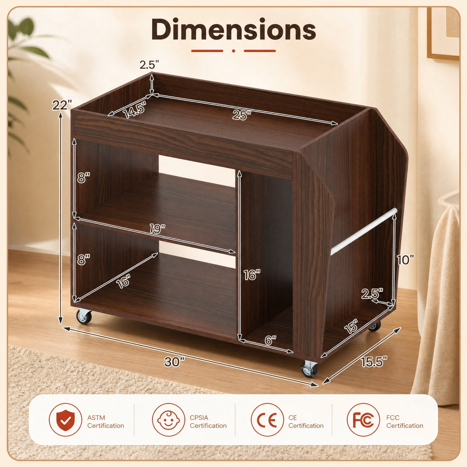 Furnibear 3 Tier Side End Table with Universal Wheels and Side Storage Rack and Guardrail for Living Room Bedroom and Home Office, Walnut