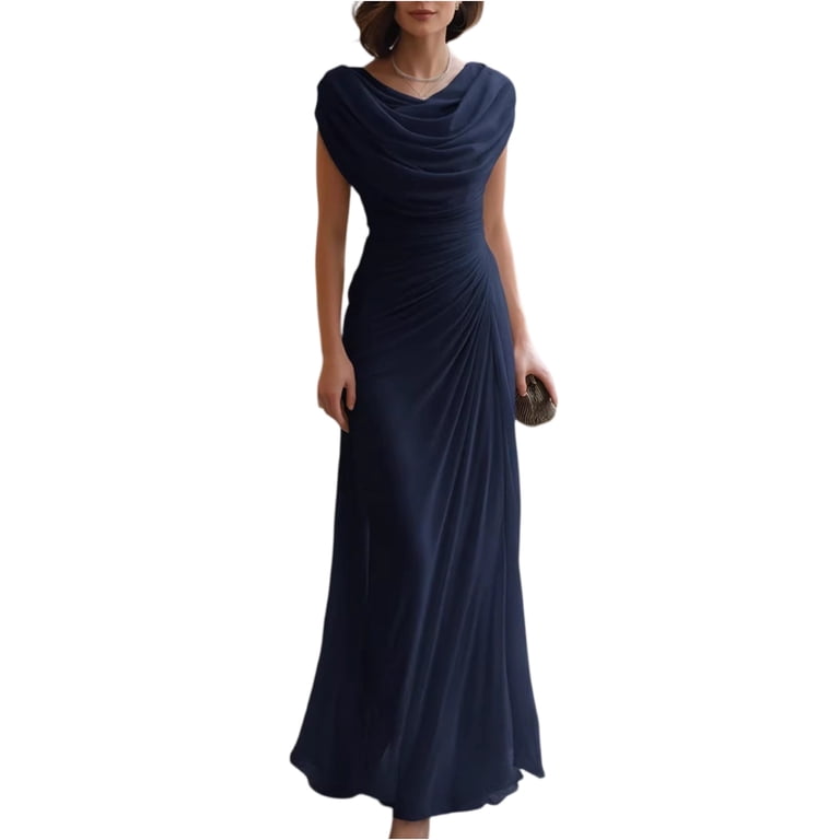navy pleated bridesmaid dress Sleeveless Pleated Skirt High Low Dress with Pockets in Midnight Navy (Blue)