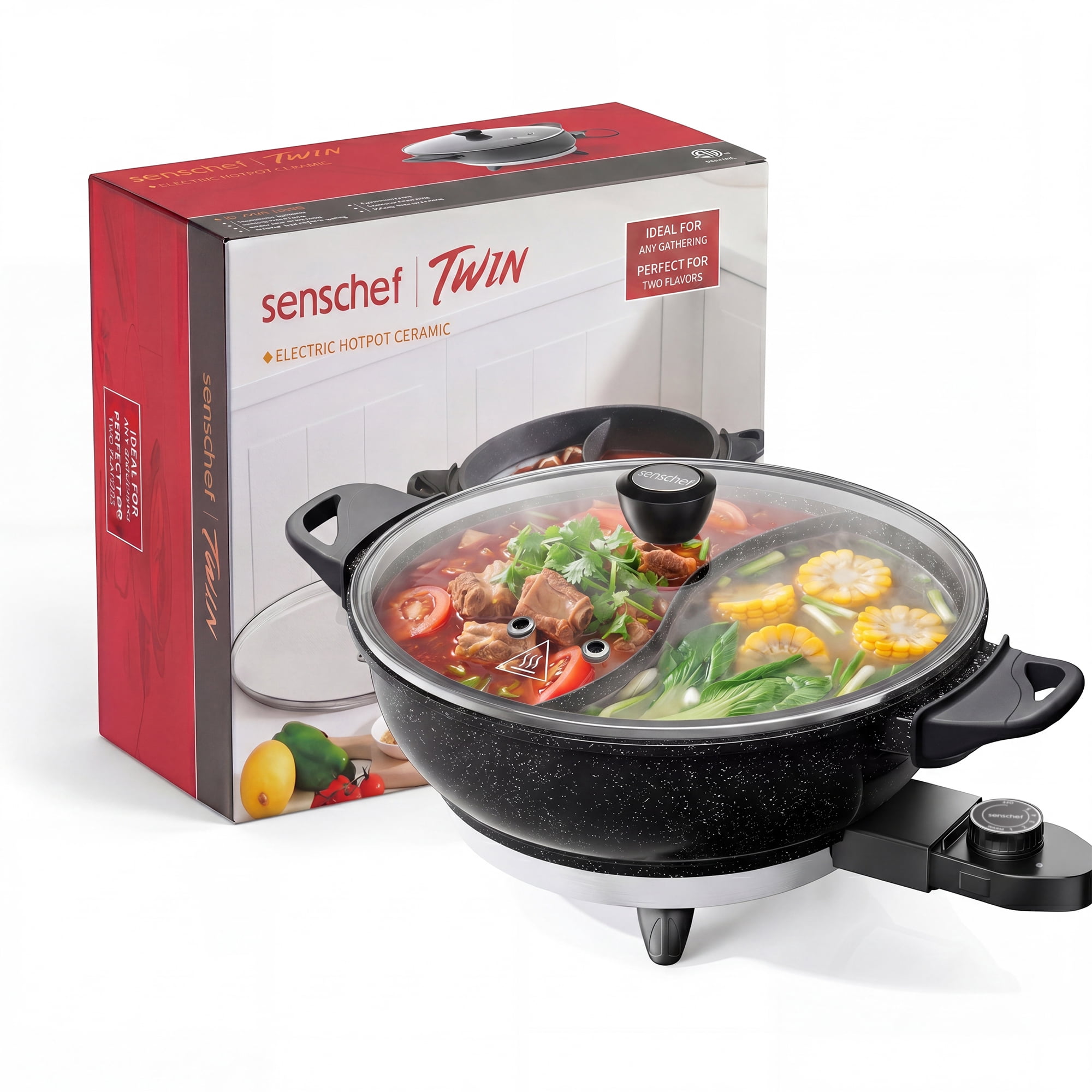 SENSCHEF TWIN™ Electric Hot Pot with Divider, EvenHeat Cast Aluminum Non-Stick Pot for No-Spot Cooking, 1500W Fast Heating, Dual-Flavor, 1-Yr Warranty, Granite Black