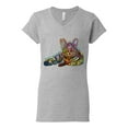 thumbnail image 3 of First We Still Your Heart Then Your Bed | Funny Neon Colorful Cat | Dean Russo Art Animal Lover Women's Standard V-Neck Tee, Heather Grey, Medium, 3 of 6