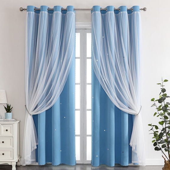Double Layer Star Curtains 2-in-1 Sheer Star Patterns with Blackout Liner Thermal Insulated Window Treatments