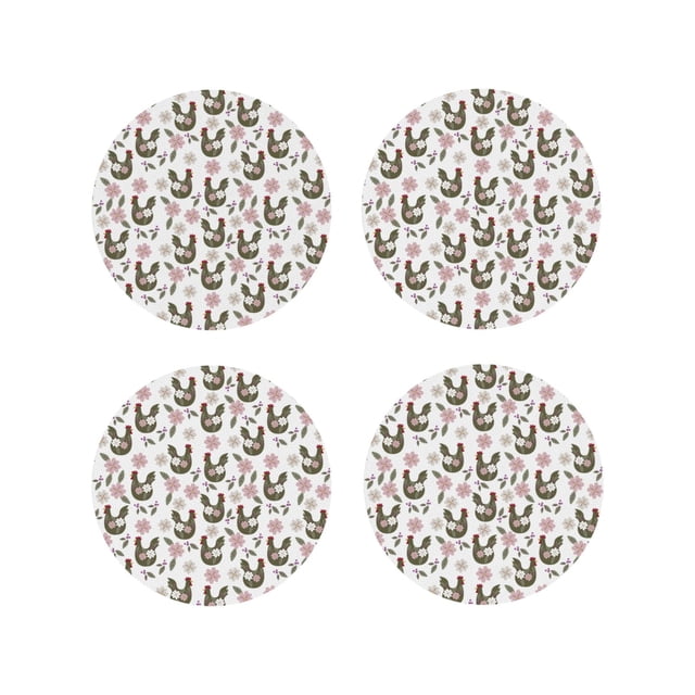 Vsdgher Flowe Rooster Print Leather Coasters for Drinks, Durable Drink Coasters 4 Set for Tabletop Protection, Luxurious Home Décor and Housewarming Gift-Round Shape