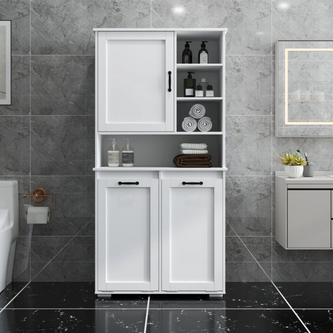 63"H Laundry Cabinet with 2 Tilt-Out Hampers, Doors, Adjustable Shelves and Open Storage, Freestanding Laundry Hamper Cabinet for Bathroom, White