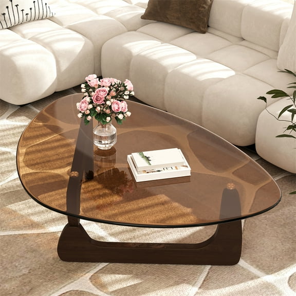 Wisfor Distinctive Coffee Table Classic Triangular Accent Center Table Living Room Storage Tempered Glass Top &  Wooden Frame, Brown, 43.5x30.12x16.54 inch