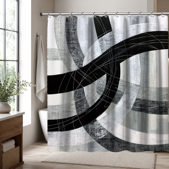 Black and White Abstract Shower Curtain, Modern Geometric Wave Pattern Shower Curtain, Contemporary Bathroom Decor Curtain, 70.87 x 70.87 Inch