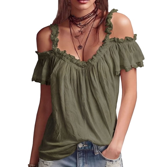 Lmueinov 2026 Summer Women's Cold Shoulder Ruffle Strap Tops, Casual V Neck Loose Fit Short Sleeve Blouses S-2XL
