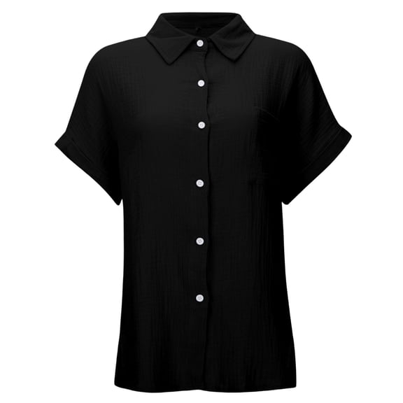 Womens Gauze Shirts Button Down Dress Shirts Casual Short Sleeve Textured Collared Summer Work Blouse Camping Clothes Black L