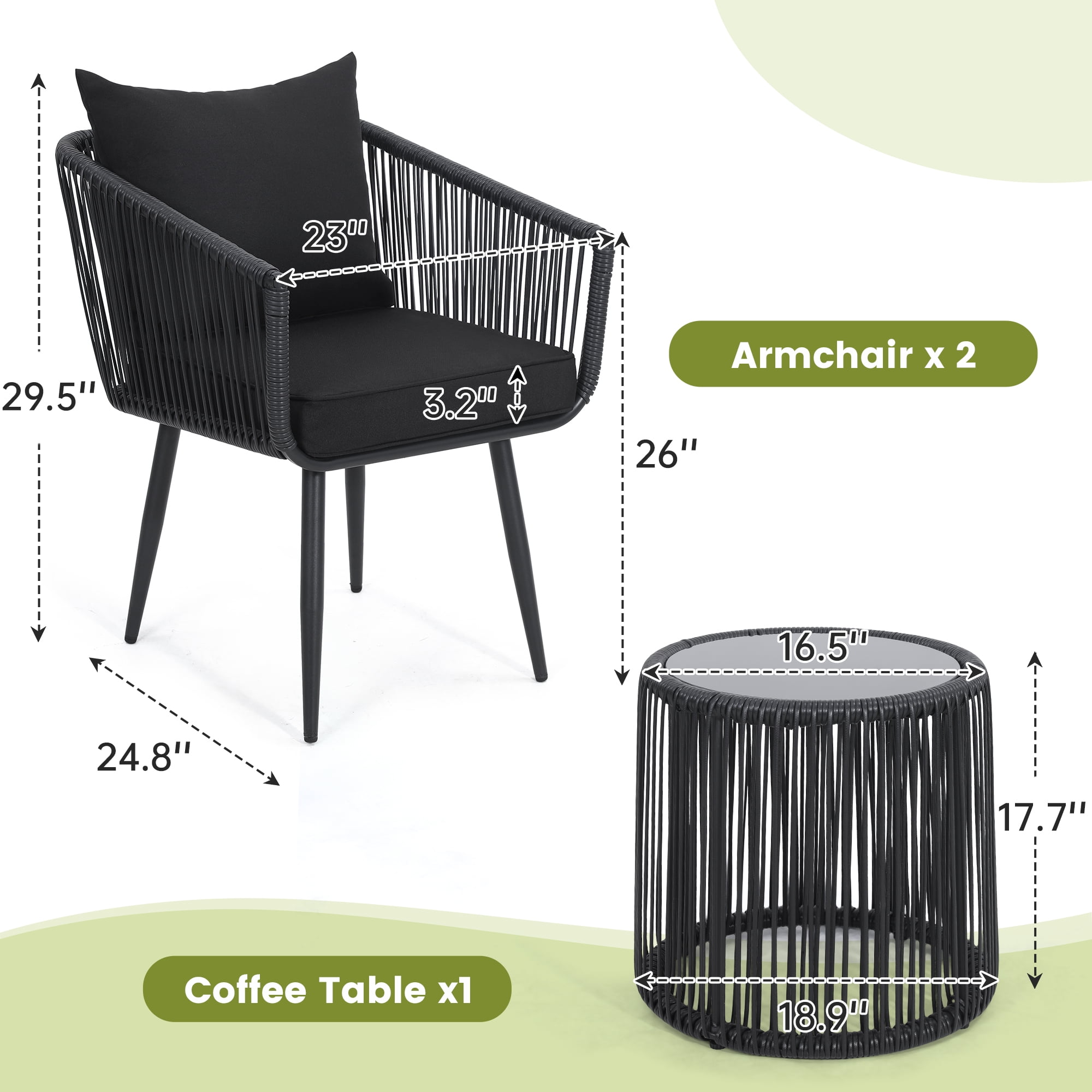 LOGYAT 3 Piece Patio Rattan Bistro Conversation Set, Outdoor All Weather Wicker Furniture Chair Set with Glass Tabletop for Balcony, Porch and Backyard, Black