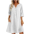 thumbnail image 2 of VBVC Women's Cotton Linen V Neck Tunic Dress , Casual 3/4 Sleeve Summer Shift Dress For Women , Ladies' Button Down Mini Dresses with Pockets,White,S-2XL, 2 of 5