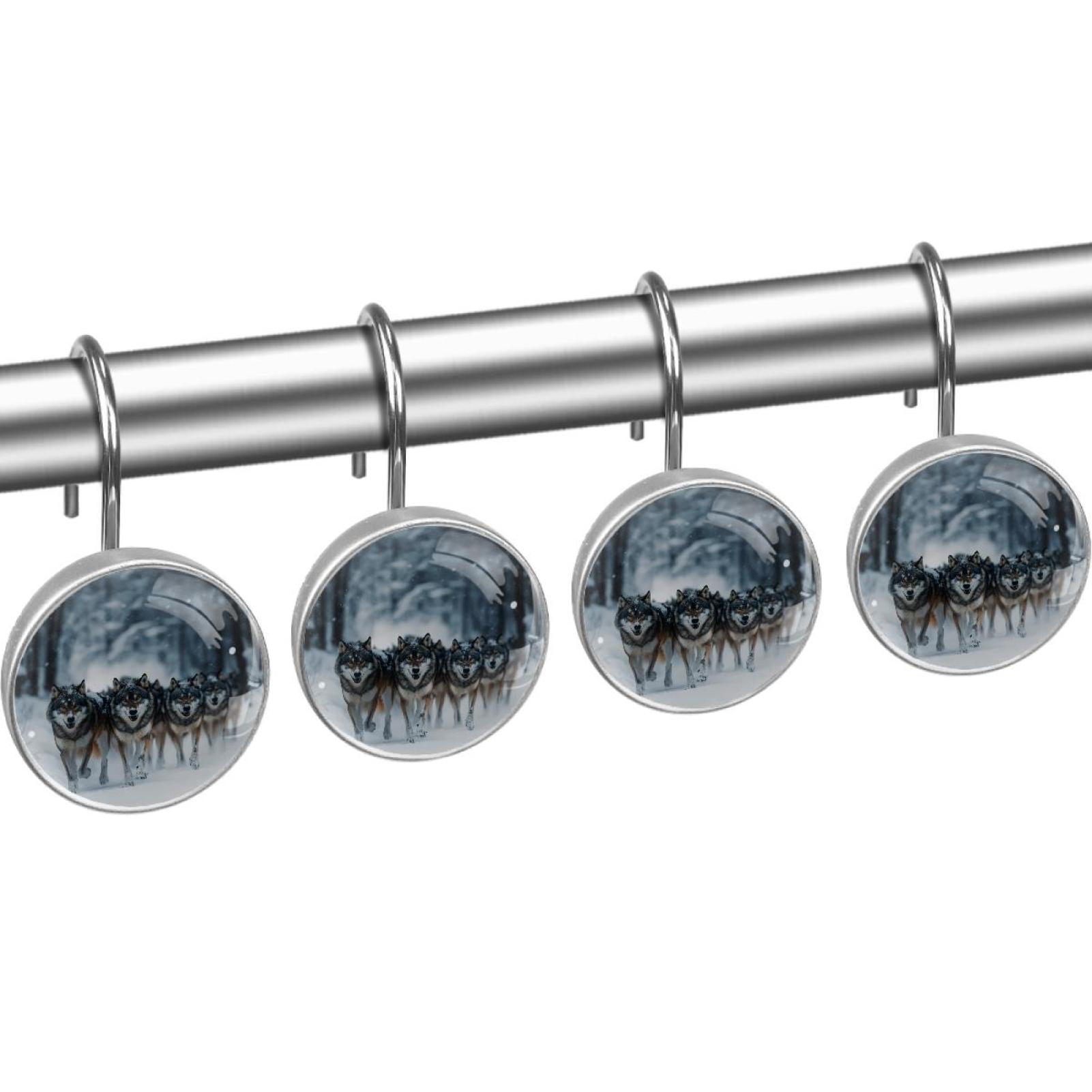 Wolf on Snow Forest Shower Curtain Hooks Round Crystal Glass, Set of 12 Shower Curtain Rings - Shower Hooks for Curtain Shower Rings