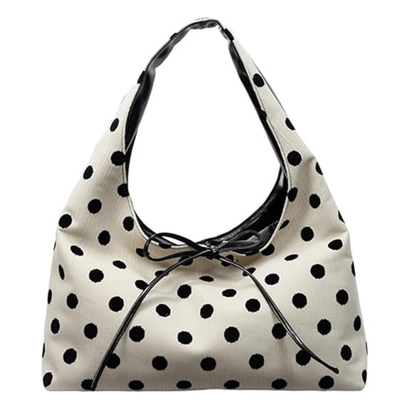 Polka‑Dot Hobo Shoulder Tote Bag for Women, PU Bow Belt‑Closure Underarm Bag, Large Capacity Retro Fabric Shopper Handbag for Work Shopping Travel