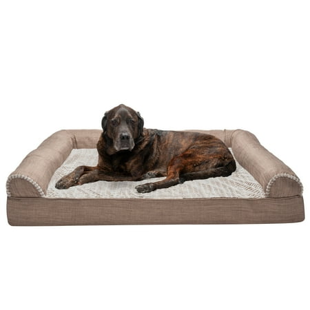 UPC: 0842229126419 | FurHaven Pet Products | Memory Foam Luxe Fur & Performance Linen Sofa-Style Couch Pet Bed for Dogs & Cats – Woodsmoke Jumbo Plus