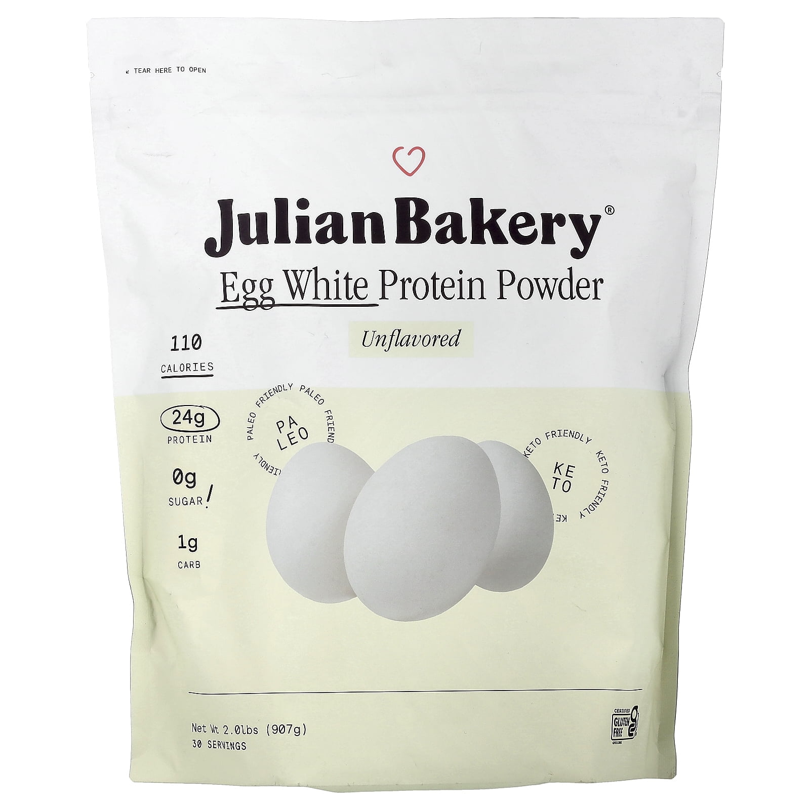 Egg White Protein Powder - Unflavored | 2.0 lbs (907 g) | Julian Bakery | 24g of Protein | Paleo & Keto Friendly | Sugar Free