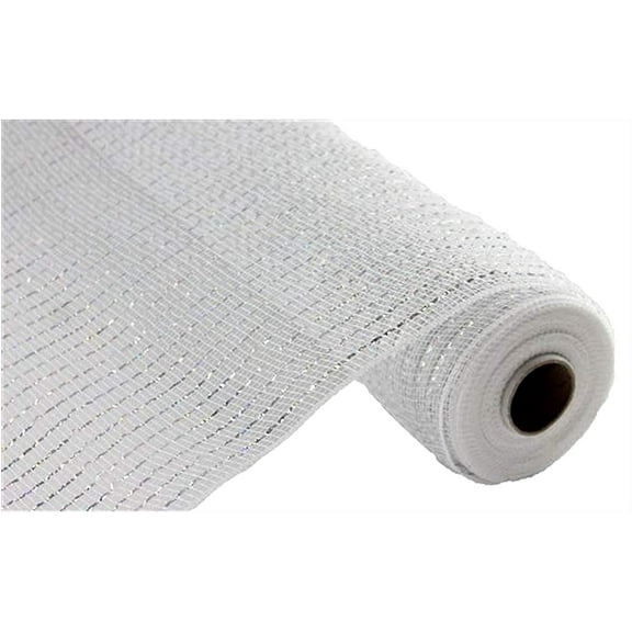 Wide Foil Deco Poly Mesh Ribbon, 10 Inches x 30 Feet White, Laser Silver Foil