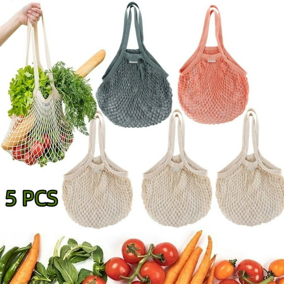 CCF Mesh Produce Bags Reusable Washable, Farmers Market Bag with Long Handle for Vegetables Fruit (5 pack)