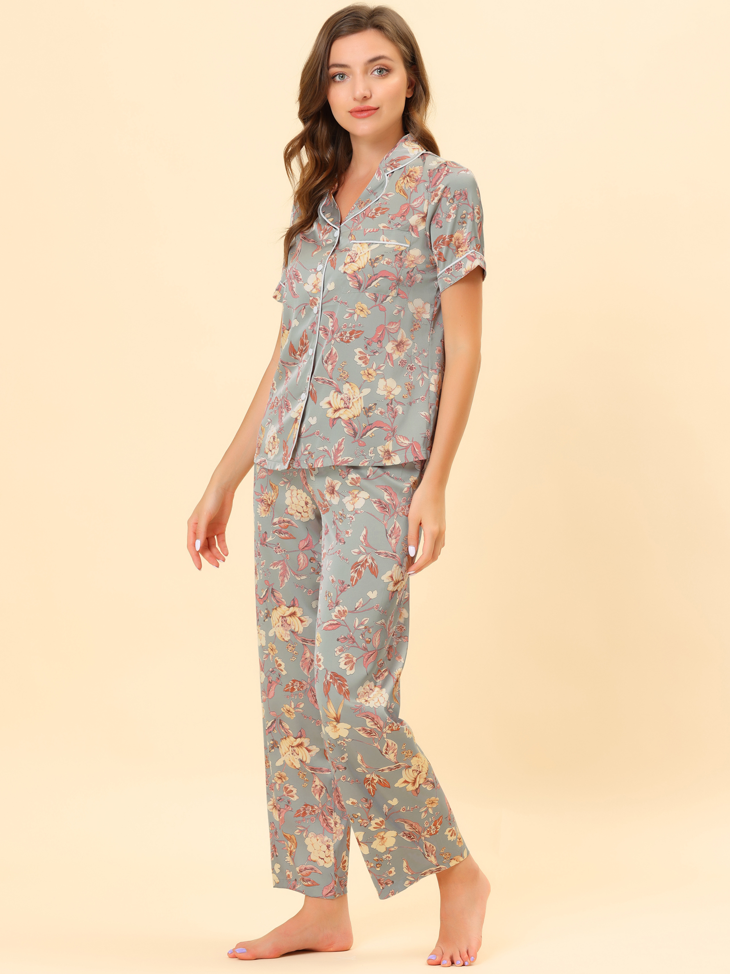Unique Bargains Women's Pajama Set Silk Short Sleeves and Pants Floral Satin Sets