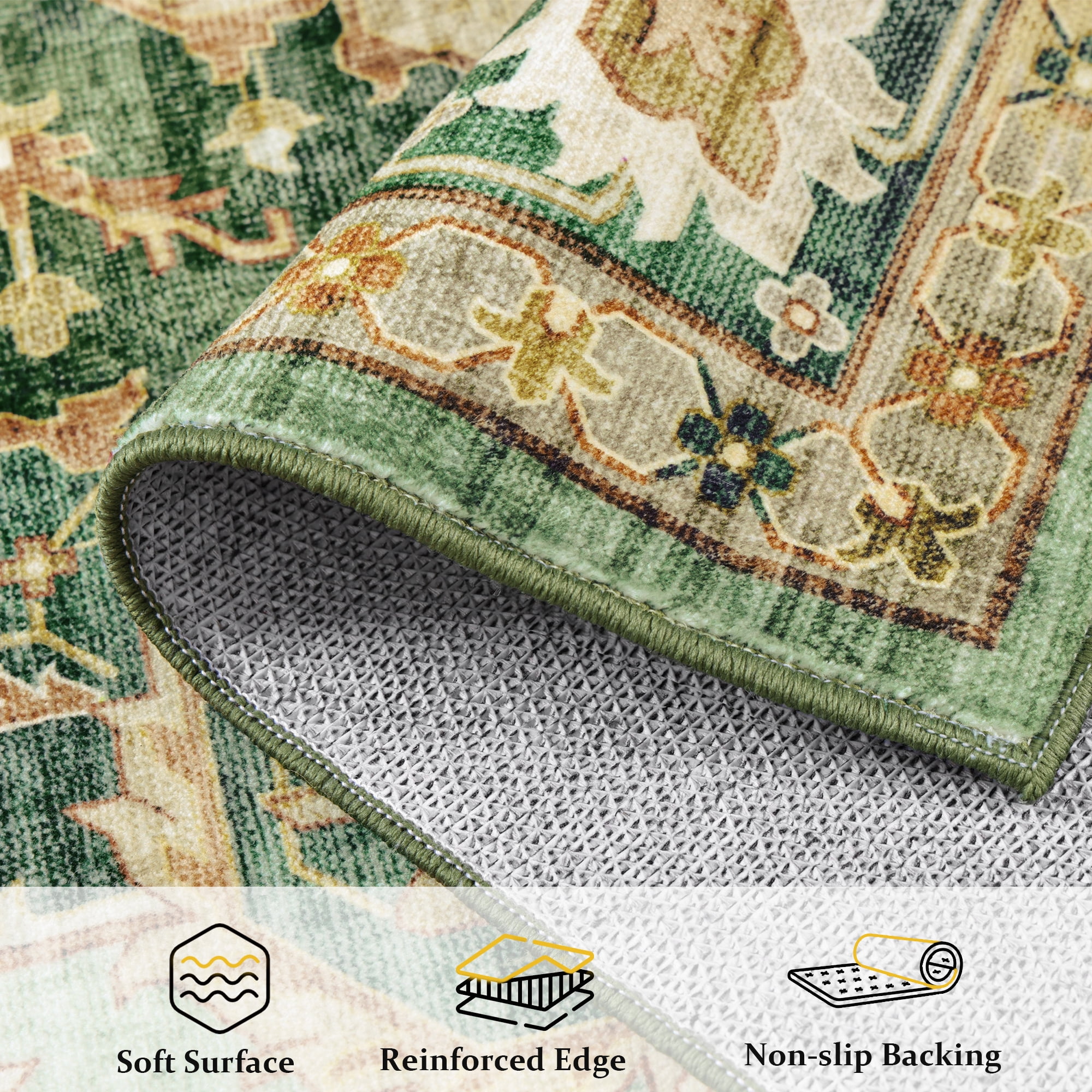 ATHOPE 5x7 Area Rugs for Living Room Bedroom, Washable Soft Rug with Non-Slip Backing, Large Floral Vintage Distress Print Pattern Carpet, Green