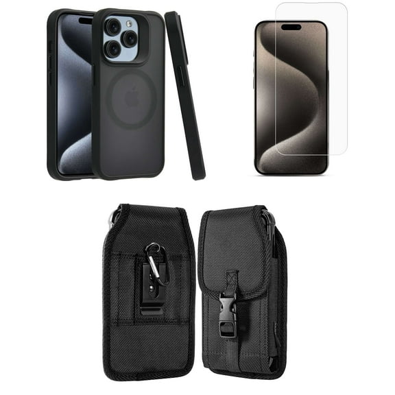 Bemz Phone Case for iPhone 15 Plus with Shockproof Protective Wireless Charging Ring Cover, Screen Protector, Vertical Rugged Nylon Secure Belt Holster Clip Pouch (Smoke Black)