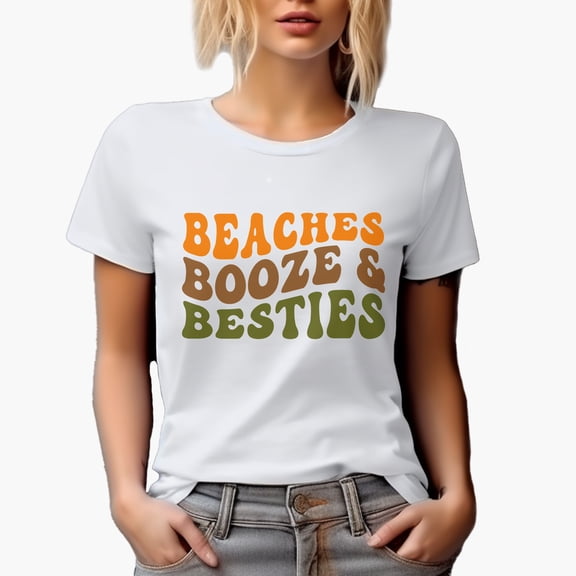 Beaches, Booze & Besties, Beach Lover Best Friend Quote, Groovy Retro Wavy Text Merch Gift, White T-Shirt, Small