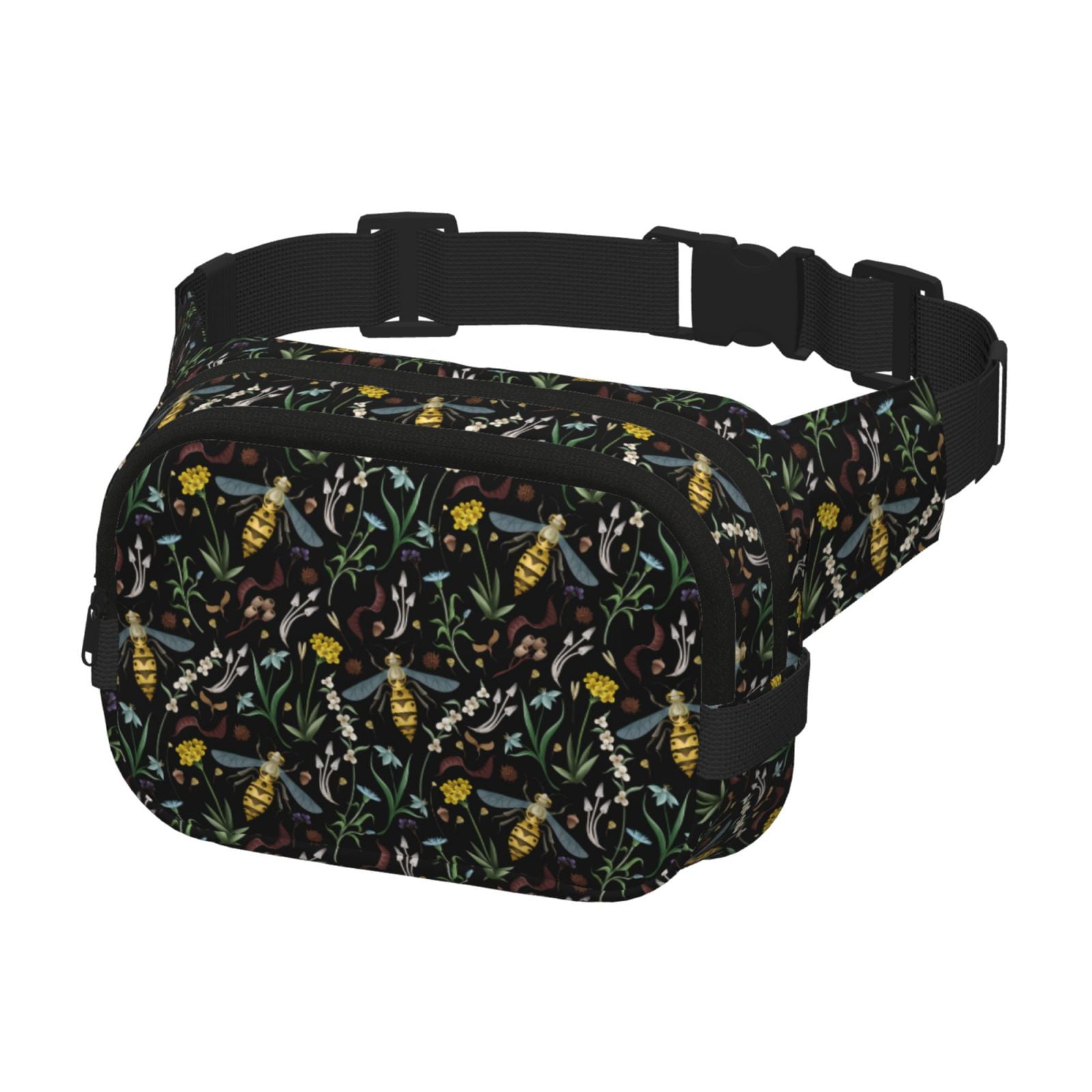 Picia Wasp and Florals Print Square Double-Layer Waist Bag Mini Adjustable Waist Belt Bag Exercise Running Travel Hiking