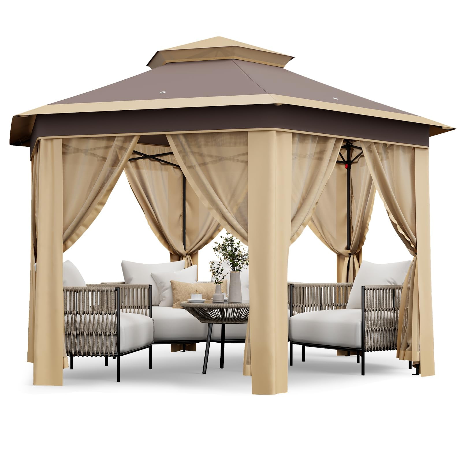TROPOW Gazebos for Gardens,All Seasons Gazebos,with Adjustable Heights,Outdoor Gazebo for Backyard & Patio Furniture,Pop Up Tent,Khaki
