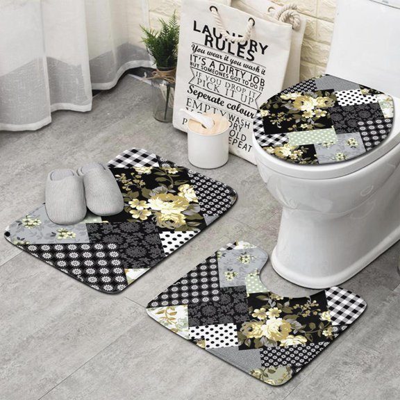 Pioneer Flower Floral Print Pattern Bathroom Rugs Sets 3 Piece,Toilet Cover Set,Absorbent Non Slip Bathroom Mats Sets with U-Shaped Contour Rug Toilet Rug Set