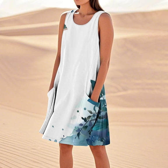 Jesvior Cotton Linen Dresses for Women Solid Crew Neck Knee Length Sleeveless Floral Tshirt Dress Casual Loose Beach Vacation Clothes