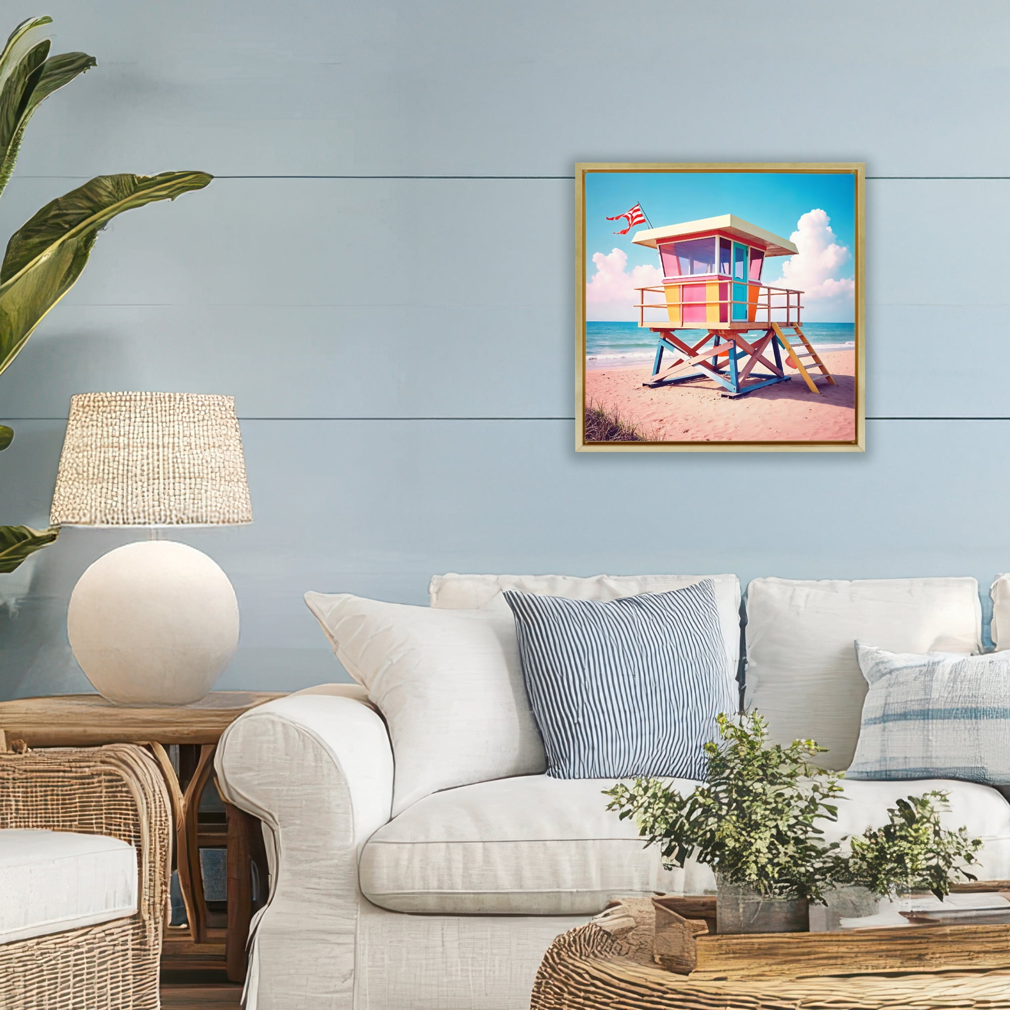 Stupell Industries Colorful Sunny Beach Tower Gold Framed Floater Canvas Wall Art, design by Creative Studio