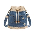 thumbnail image 2 of Denim Crochet Bucket Bag, Drawstring Crossbody Shoulder Purse, Boho Jean Handbag with Daisy Embroidery and Adjustable Strap, 2 of 9